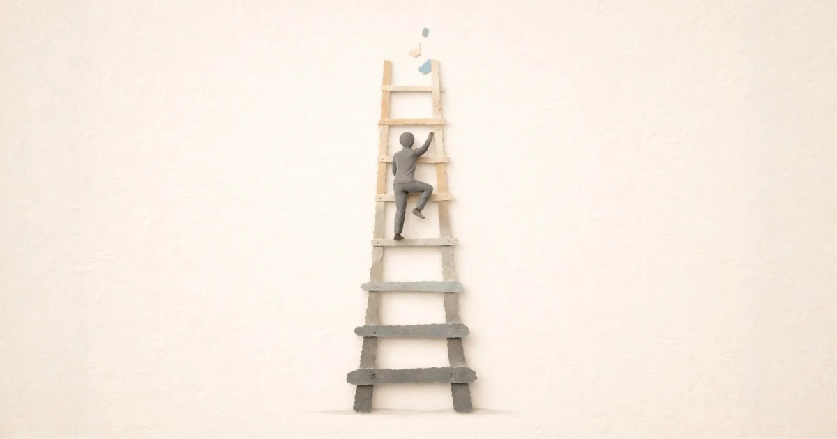 Abstract torn paper illustration of a person climbing a ladder, symbolising challenge, growth, progress, and higher coaching performance.