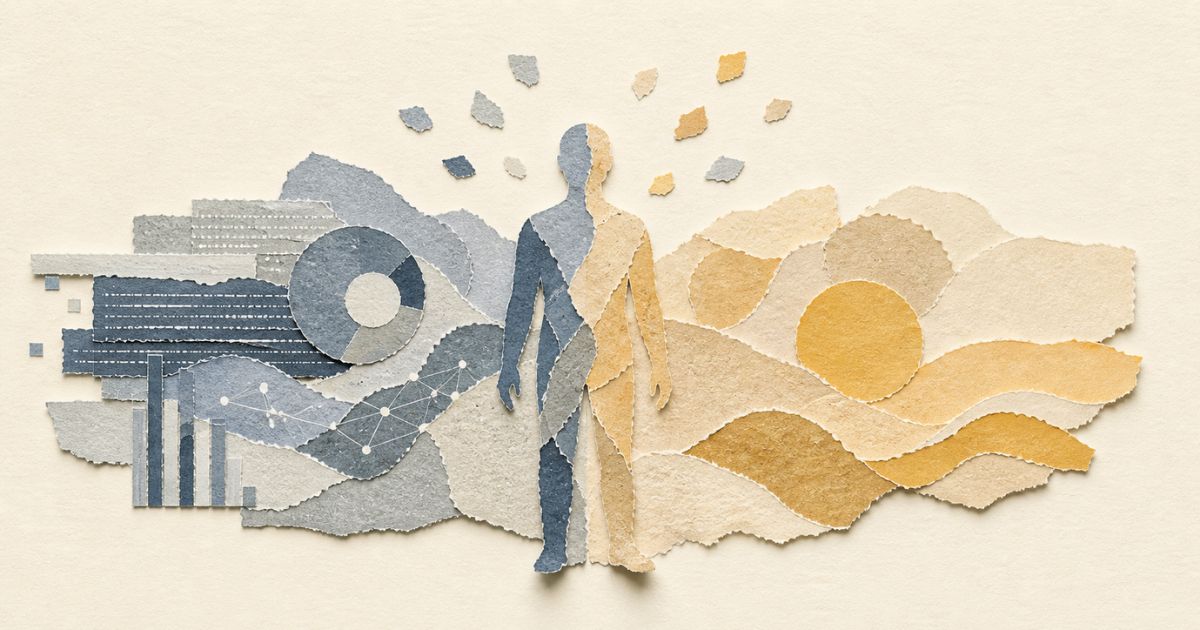 Minimalist torn-paper collage showing a central human silhouette split between cool blue-grey tones on the left and warm ochre tones on the right. Abstract layered paper shapes represent data and technology on one side and organic, flowing human elements on the other, blending together to symbolise the balance between AI and human coaching.