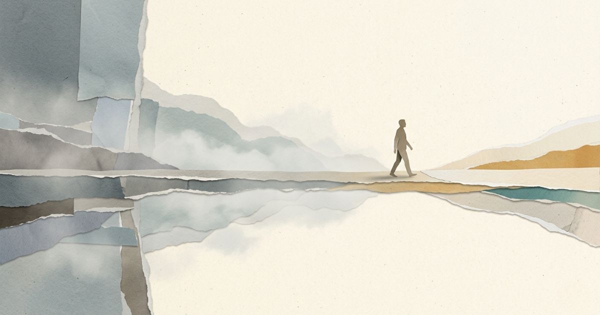 Minimalist torn-paper collage illustration showing a lone figure calmly walking across a long paper bridge through mist and uncertainty. The left side features layered slate grey and blue paper textures with soft fog and fragmented shapes, gradually transitioning into warmer cream, ochre and muted teal tones on the right, symbolising guidance, resilience and clarity through change.