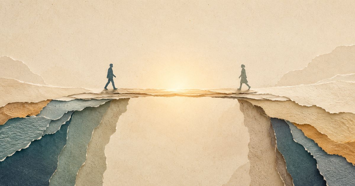 Coaching through conflict in the workplace is represented through a thoughtful paper-collage illustration showing two people walking towards each other across a narrow bridge that connects two separate cliffs. A warm light glows at the centre of the bridge, symbolising understanding, trust and common ground. The layered torn-paper textures and calm neutral colours create a reflective, hopeful atmosphere, illustrating how coaching helps individuals navigate conflict, bridge differences and move towards constructive resolution.
