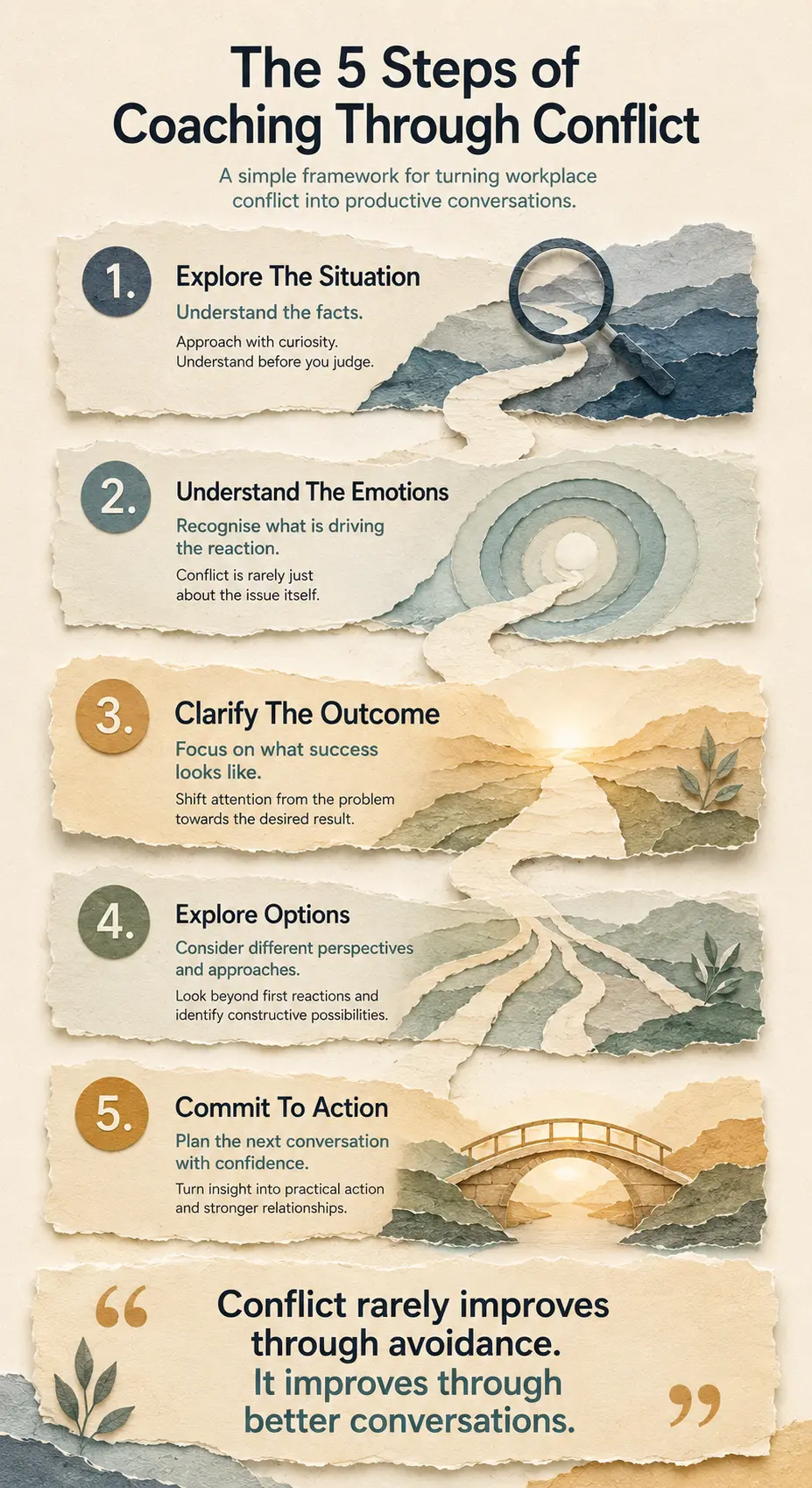 The 5 Steps of Coaching Through Conflict infographic presented in a premium torn-paper collage style. A flowing pathway guides the reader through five coaching stages: Explore the Situation, Understand the Emotions, Clarify the Outcome, Explore Options, and Commit to Action. The colour palette gradually shifts from cool blue-grey tones to warmer amber and sand hues, symbolising movement from uncertainty towards clarity and resolution. Visual elements include a magnifying glass, concentric paper circles, branching pathways, and a bridge connecting separated landscapes. The infographic concludes with the message: “Conflict rarely improves through avoidance. It improves through better conversations.”