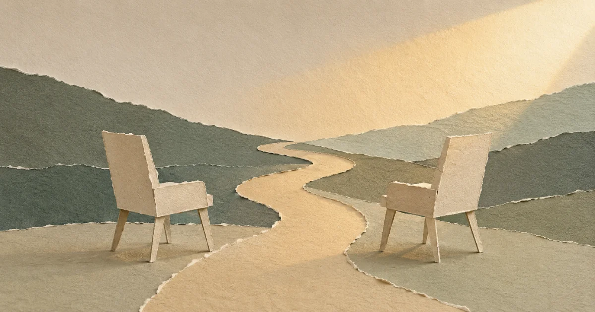 Minimalist torn paper illustration of two empty chairs facing each other beside a winding path, symbolising everyday coaching conversations, connection and personal growth.