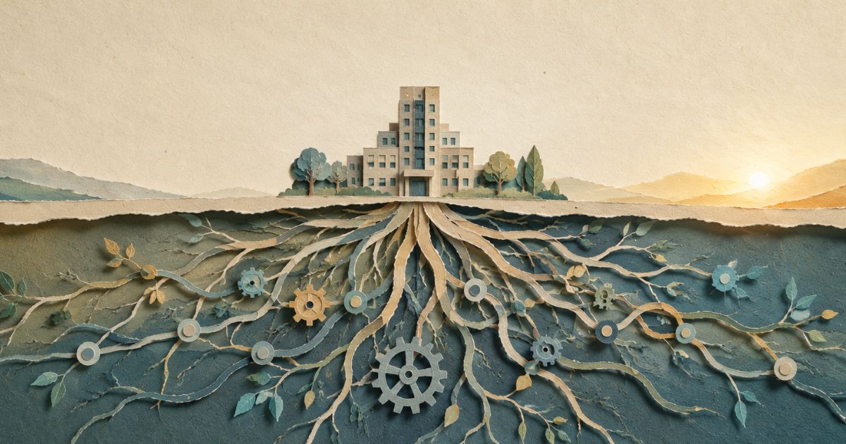 Minimalist torn paper illustration showing visible performance above ground supported by deep roots of leadership and organisational capability below.