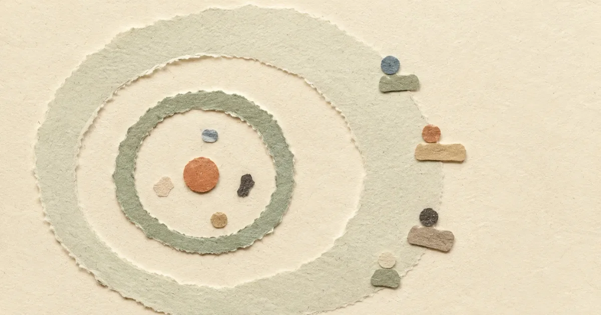 Torn paper collage illustration: a single coaching conversation creating two expanding ripples across handmade paper, symbolising immediate performance and the hidden outcome of long-term capability