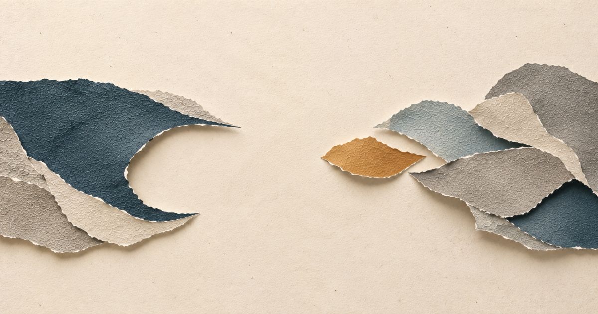 Abstract torn paper collage with slate-blue and grey shapes facing each other across an open space, symbolising thoughtful questioning, listening and reflection in coaching.