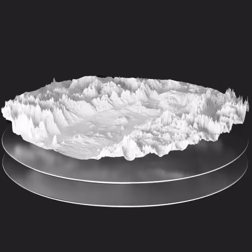 3D grayscale digital terrain model with elevated ridges and valleys displayed on two circular platforms against a black background.