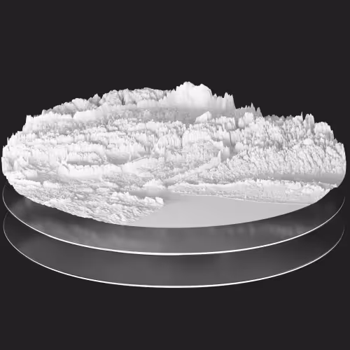 3D grayscale topographic model of a mountainous terrain on a circular base with layered transparent discs beneath.
