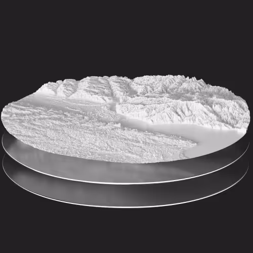 3D layered topographic model with raised terrain features on a circular base against a black background.