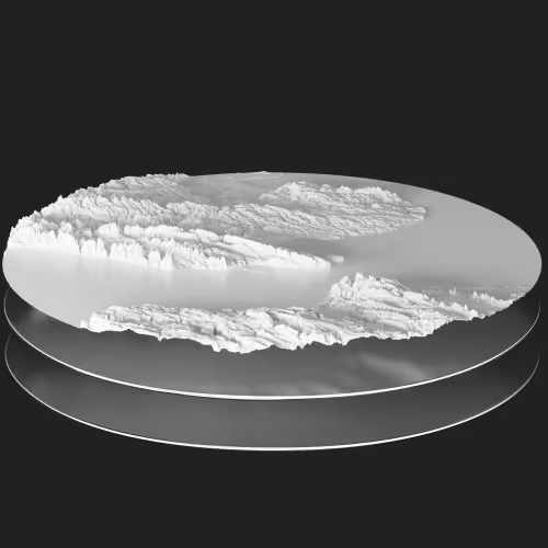 Three-layered circular 3D terrain model with detailed white mountainous elevations on top against a black background.