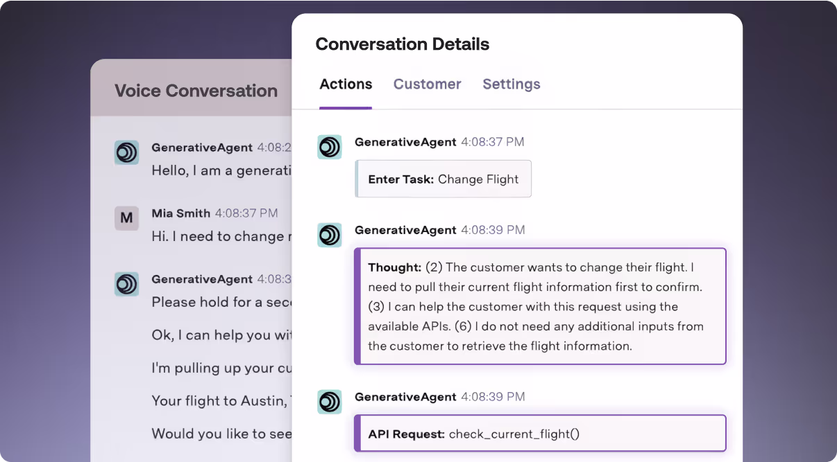ASAPP GenerativeAgent conversation detail UI window showcasing the backend integration process and steps it's AI takes.