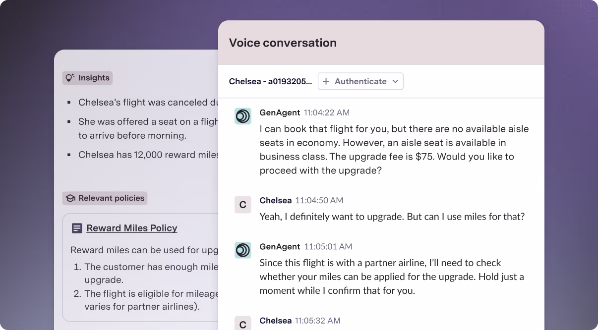 ASAPP GenerativeAgent UI window for voice conversations showing a transcript that contains upselling capabilities.