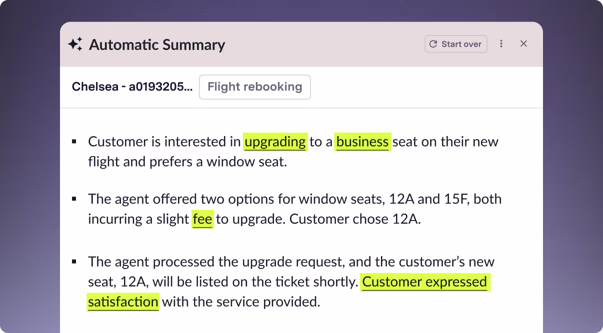 ASAPP Automatic Summary window showcasing keywords and intent highlights.