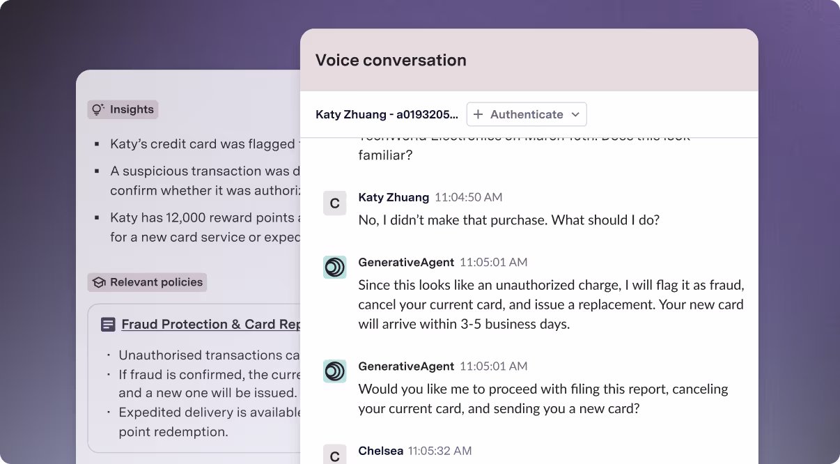 ASAPP GenerativeAgent UI window for voice conversations showing a transcript that contains upselling capabilities.