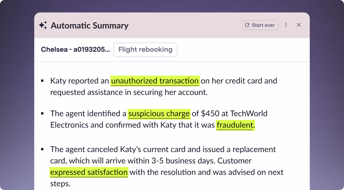 ASAPP Automatic Summary window showcasing keywords and intent highlights.