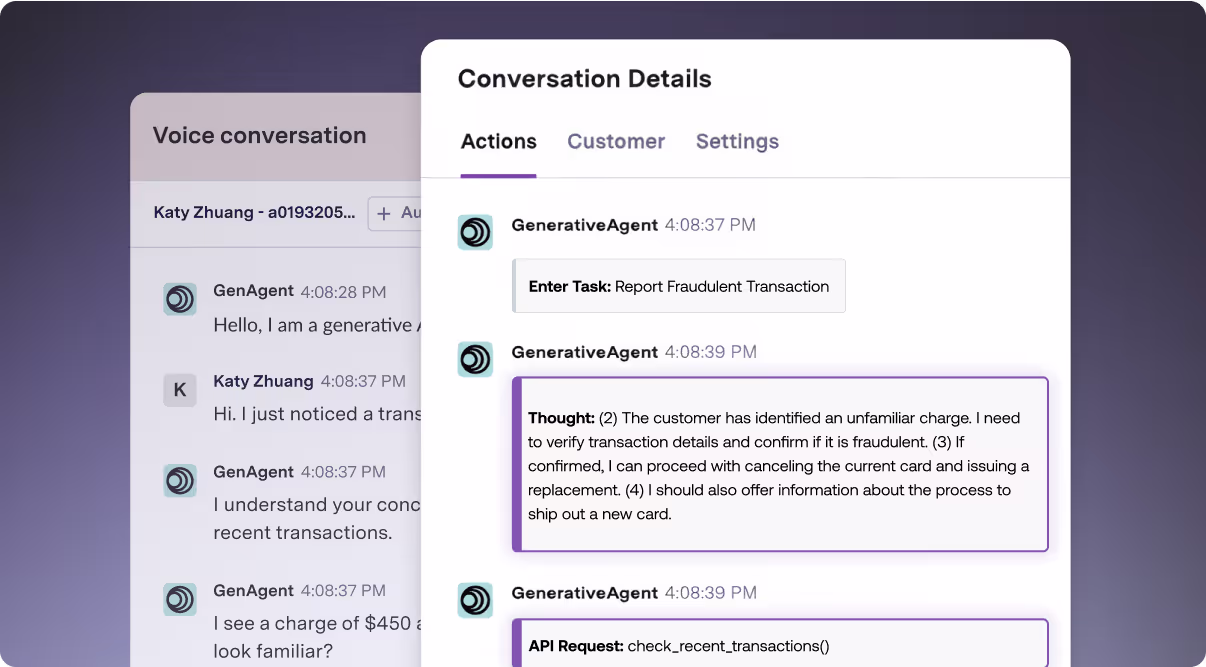 ASAPP GenerativeAgent conversation detail UI window showcasing the backend integration process and steps it's AI takes.