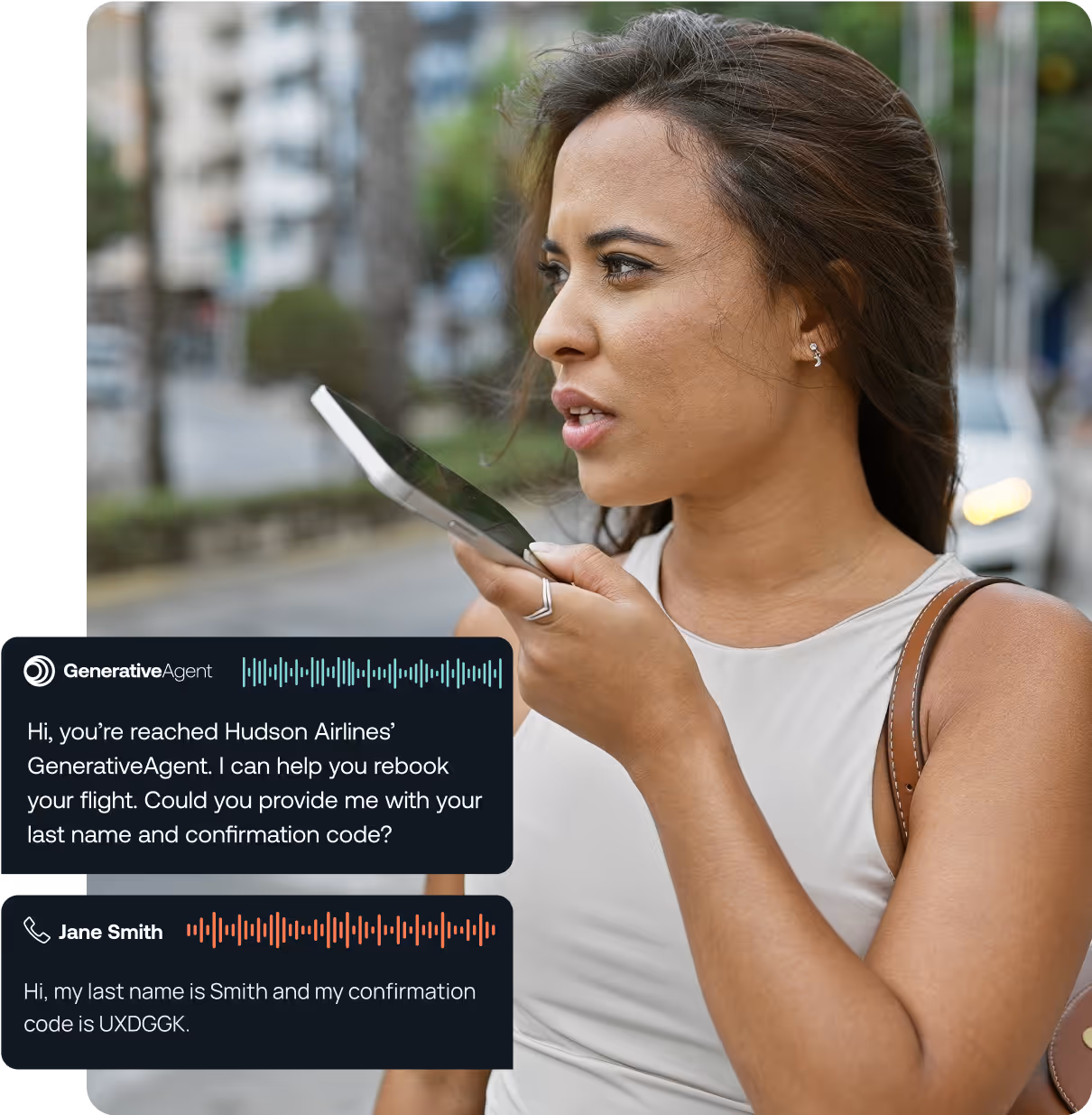 Young woman talking on the phone via speaker.