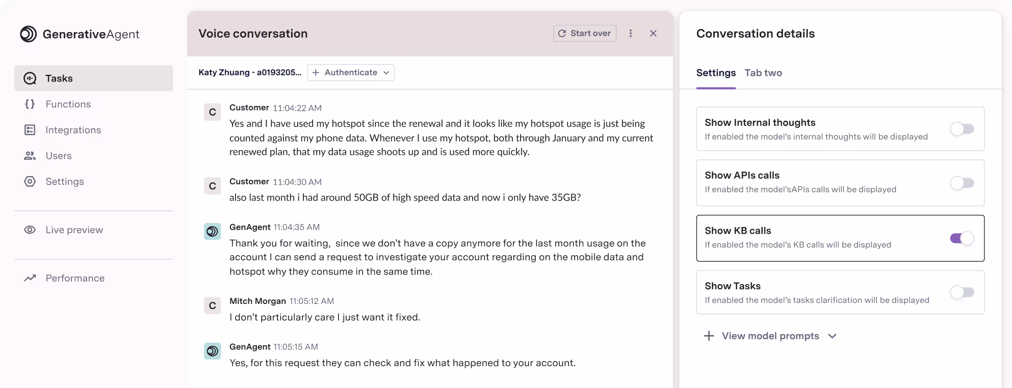 GenerativeAgent® UI showing conversation details.