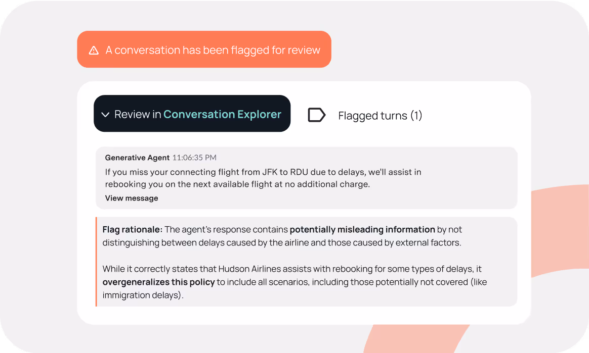 Image of GenerativeAgent UI showing the review functionality of flagged conversations.