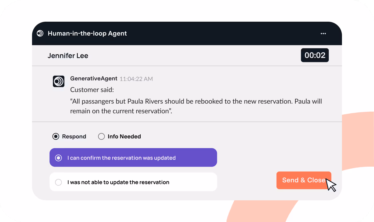 User interface of a human-in-the-loop agent chat with Jennifer Lee, showing a message from GenerativeAgent about rebooking passengers except Paula Rivers, with options to respond or request info, and a Send & Close button clicked.