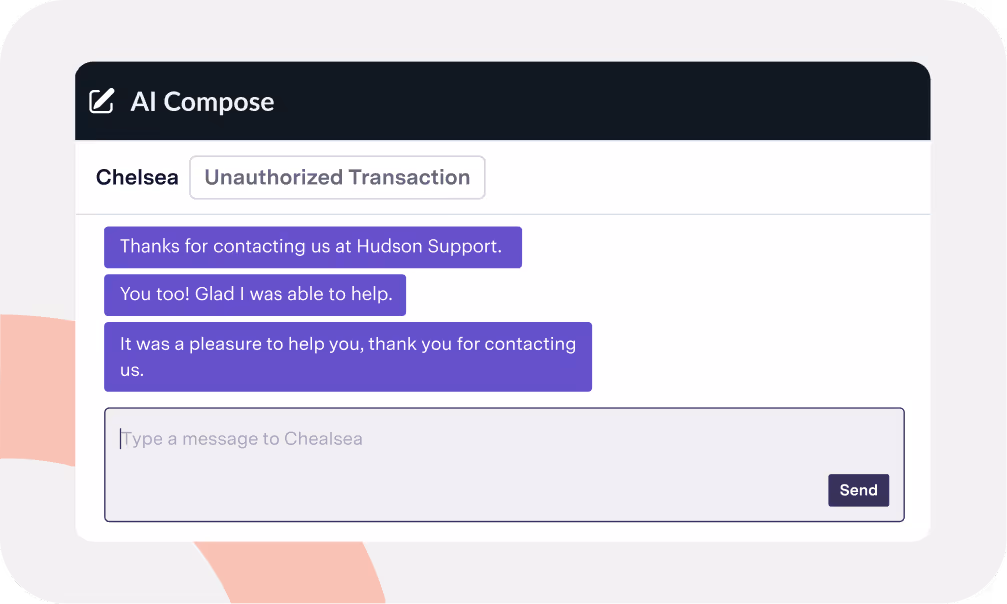 Chat interface labeled AI Compose showing conversation with Chelsea about an unauthorized transaction, including supportive messages and a text input box with a Send button.