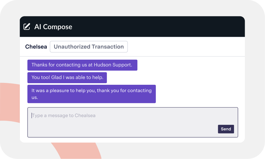 Chat interface labeled AI Compose showing conversation with Chelsea about an unauthorized transaction, including supportive messages and a text input box with a Send button.