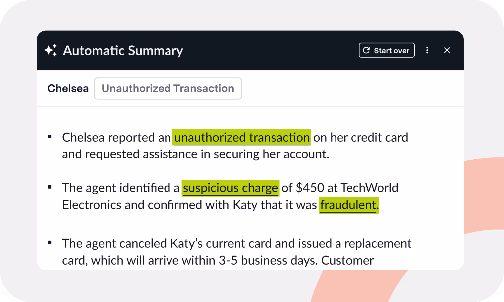 Automatic summary window showing a report of unauthorized credit card transactions including suspicious charge of $450 confirmed fraudulent, and card replacement details.