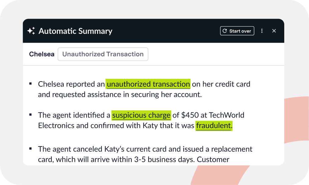 Automatic summary window showing a report of unauthorized credit card transactions including suspicious charge of $450 confirmed fraudulent, and card replacement details.