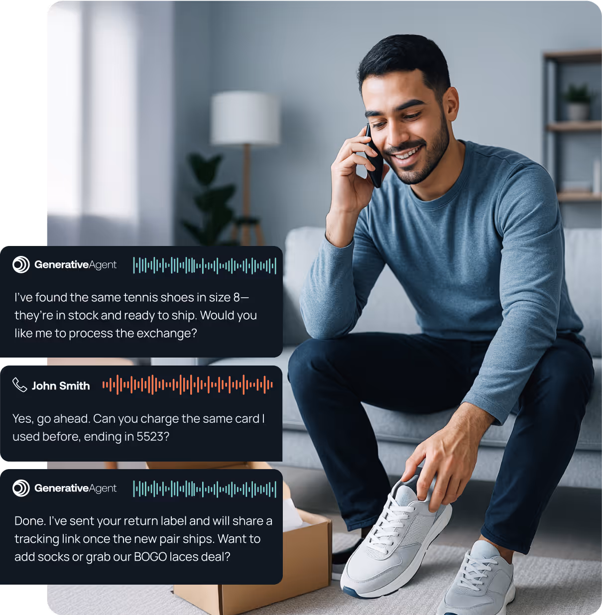 Person talking to GenerativeAgent on the phone while trying shoes.