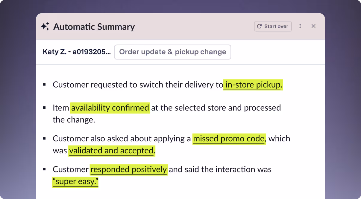 ASAPP Automatic Summary window showcasing keywords and intent highlights. 