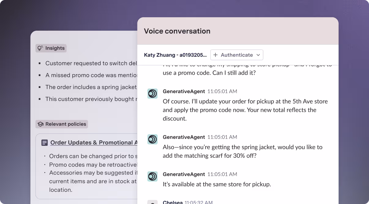 ASAPP GenerativeAgent UI window for voice conversations showing a transcript that contains upselling capabilities.
