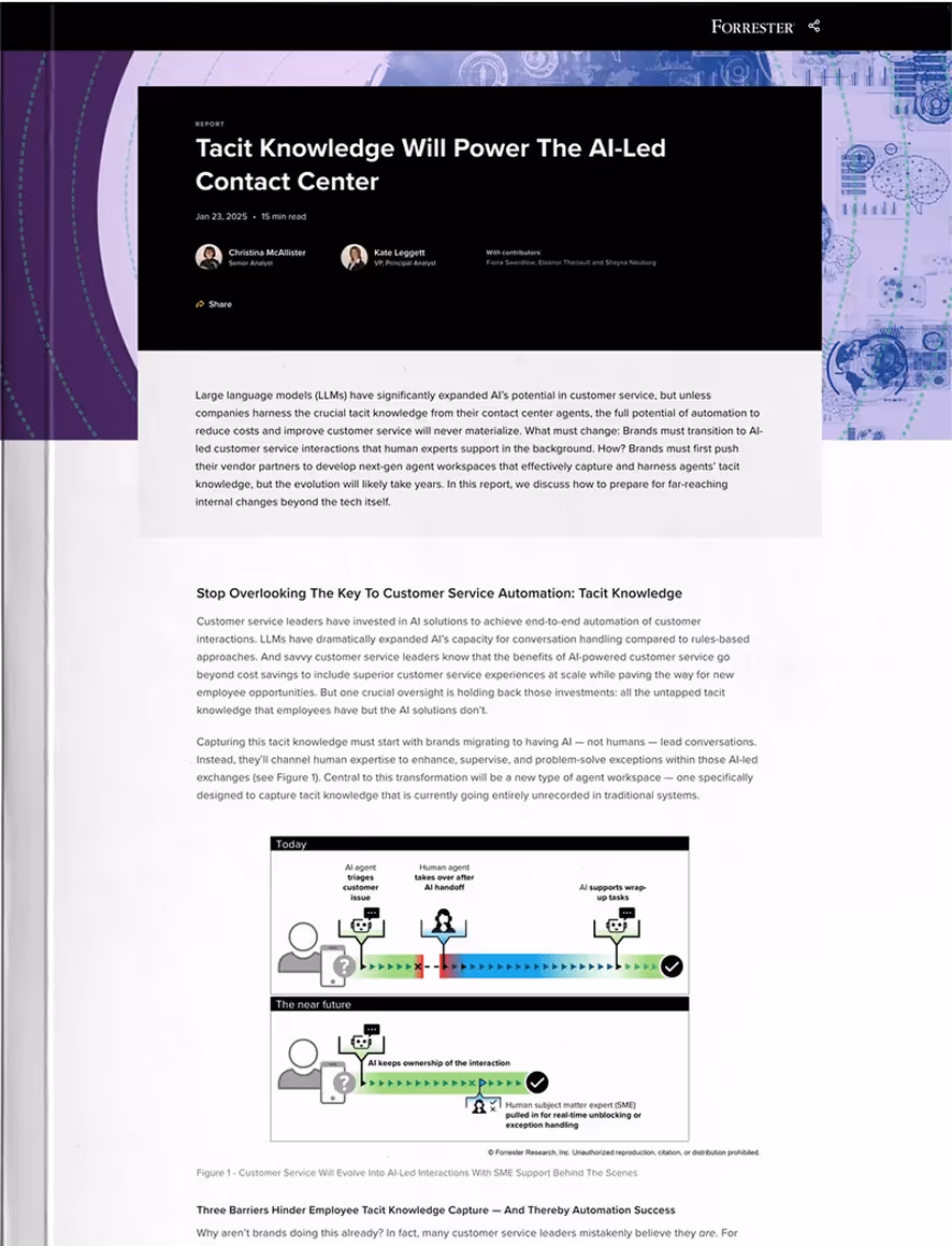 Forrester Vision Report: Tacit knowledge will power the AI led contact center.