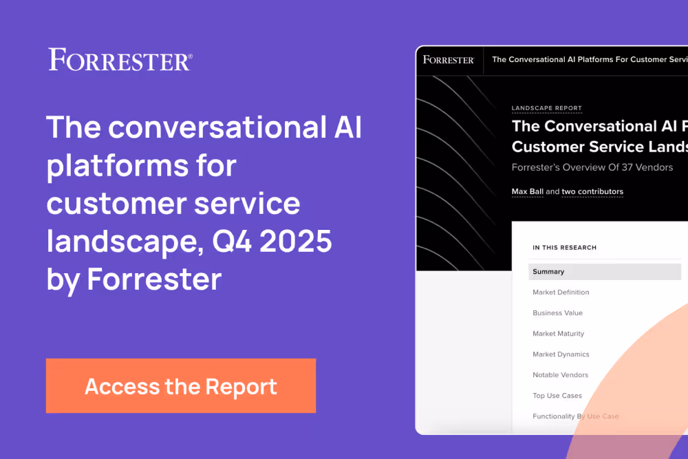 Forrester report titled The conversational AI platforms for customer service landscape, Q4 2025, with a button to access the report.
