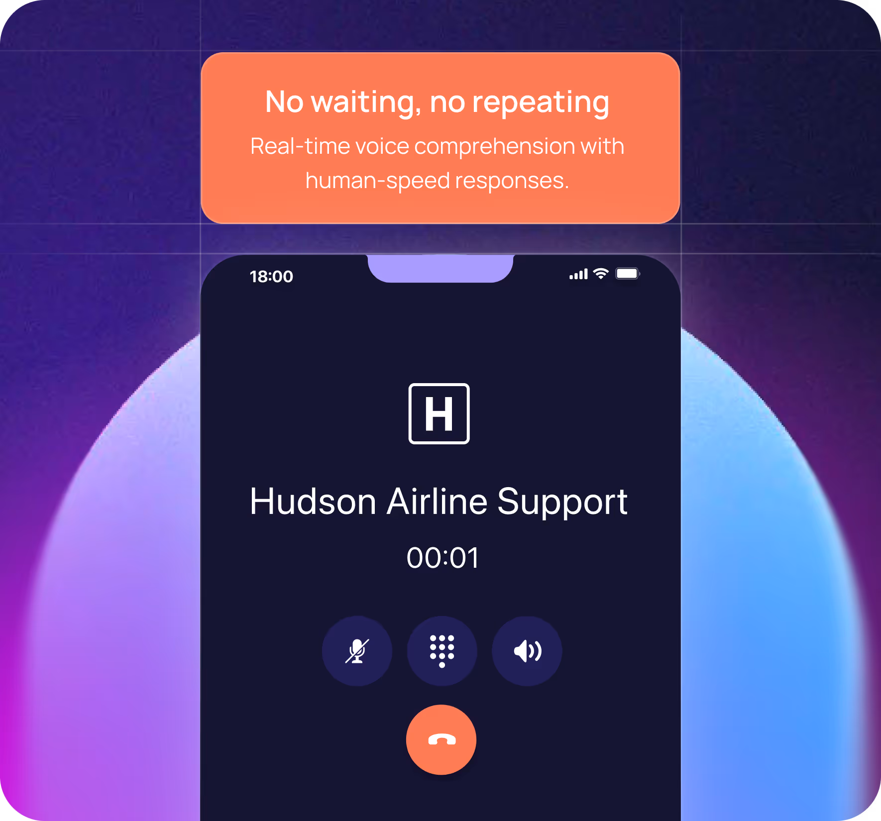 Smartphone screen showing an ongoing call with Hudson Airline Support, call duration 00:01, and text above stating real-time voice comprehension with human-speed responses.