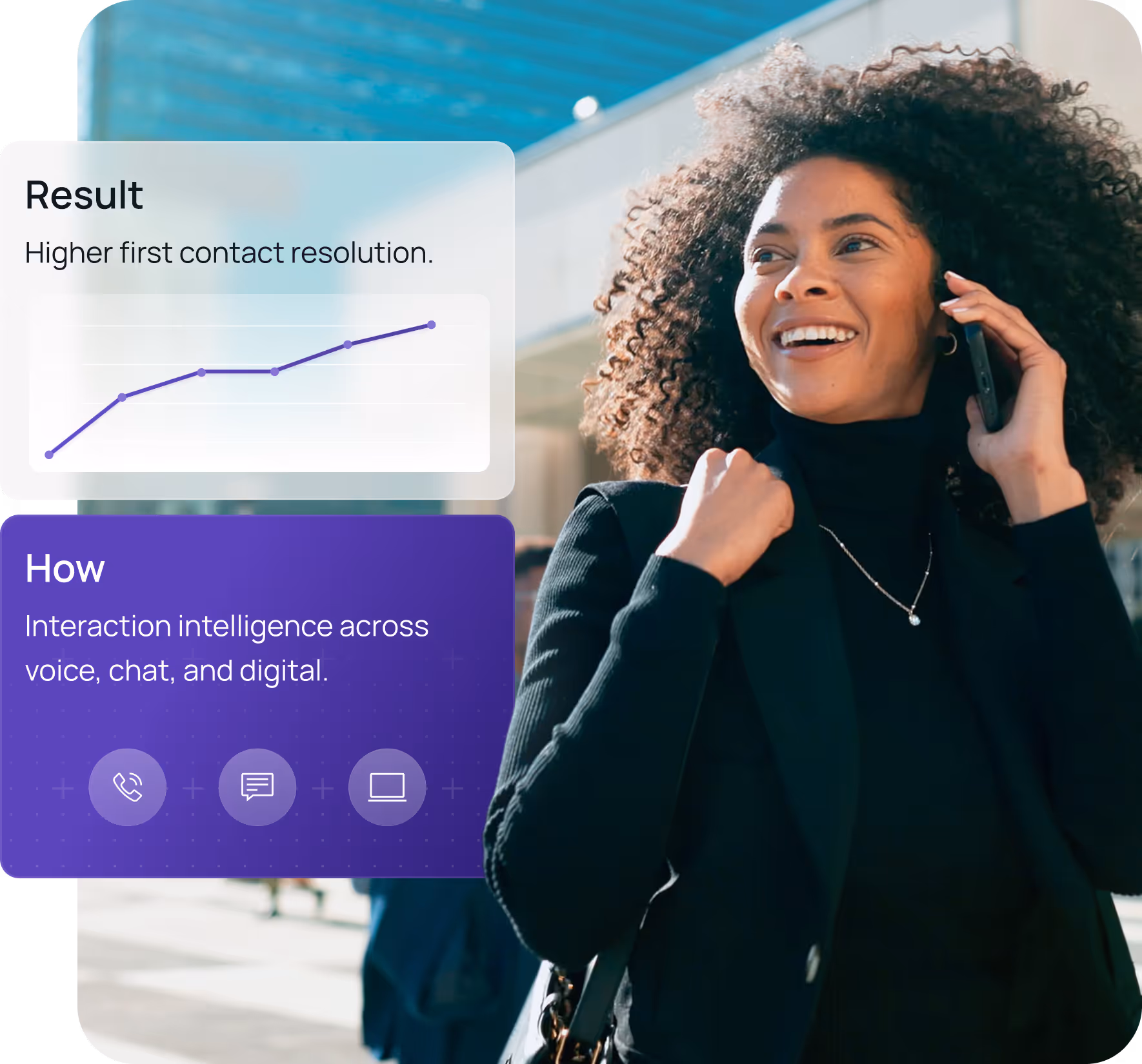 Smiling woman with curly hair talking on phone outdoors next to infographic showing higher first contact resolution and interaction intelligence across voice, chat, and digital.
