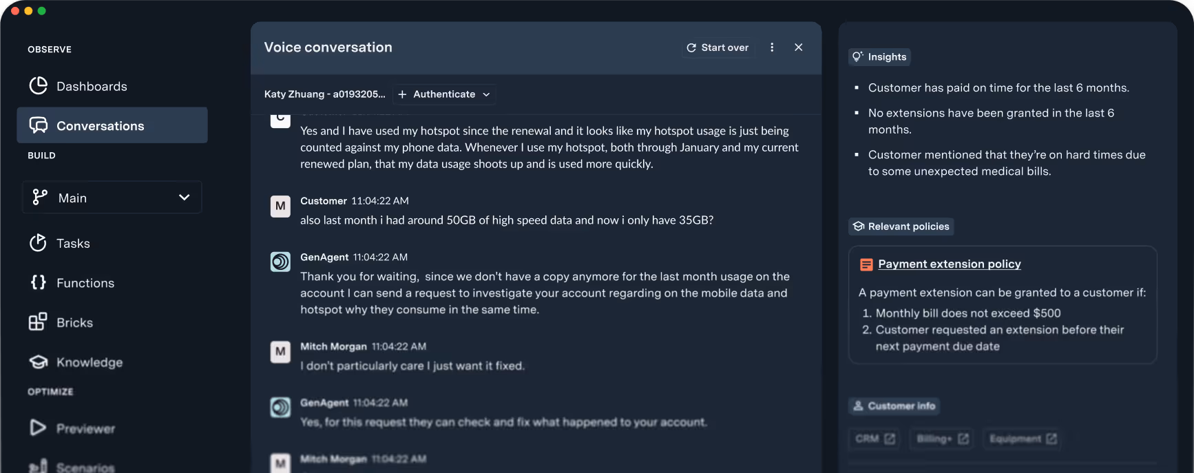User interface of GenerativeAgent showing a conversation about hotspot data usage with insights on customer payment history and relevant payment extension policy on the right.