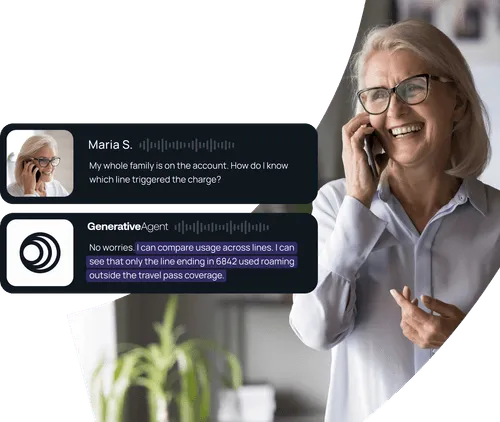 Older woman with glasses smiling and talking on the phone, alongside chat bubbles showing a conversation about account charges and roaming usage.