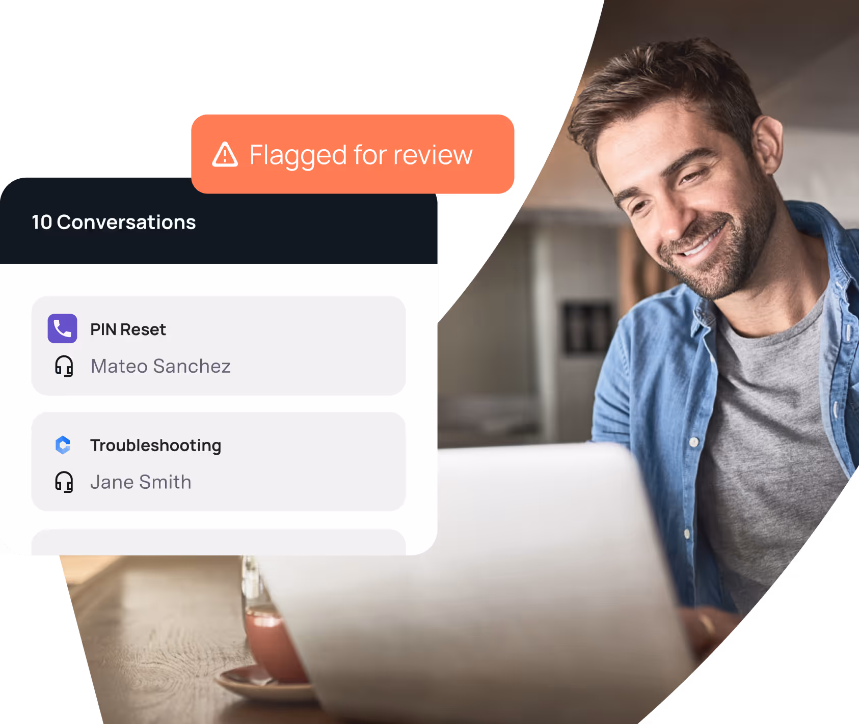 Smiling man looking at a laptop screen with an overlay showing a chat interface listing flagged conversations for PIN reset and troubleshooting.
