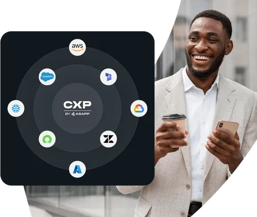 Smiling man in a beige blazer holding a smartphone and a coffee cup next to a diagram of CXP by ASAPP integrations with logos of AWS, Salesforce, Microsoft Dynamics, Google Cloud, Zendesk, Azure, Genesys, and Snowflake.