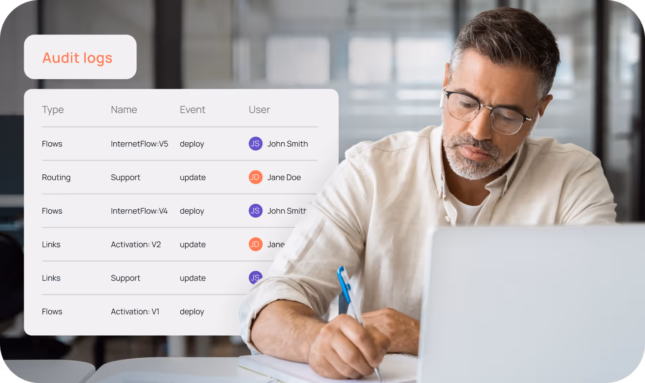Man with glasses writing in a notebook at a desk with a laptop, next to a translucent overlay showing an audit logs table with types, names, events, and users.