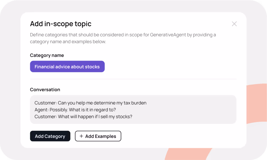 User interface window titled 'Add in-scope topic' with a category name 'Financial advice about stocks' and a conversation example discussing tax burden and selling stocks, featuring buttons labeled 'Add Category' and 'Add Examples'.