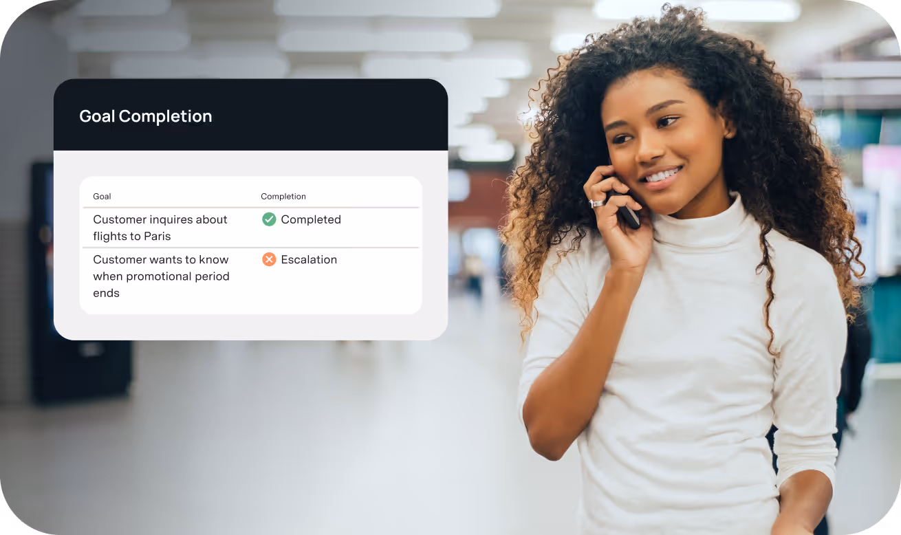 A smiling woman with curly hair talking on a phone next to a goal completion chart showing one task completed and another escalated.