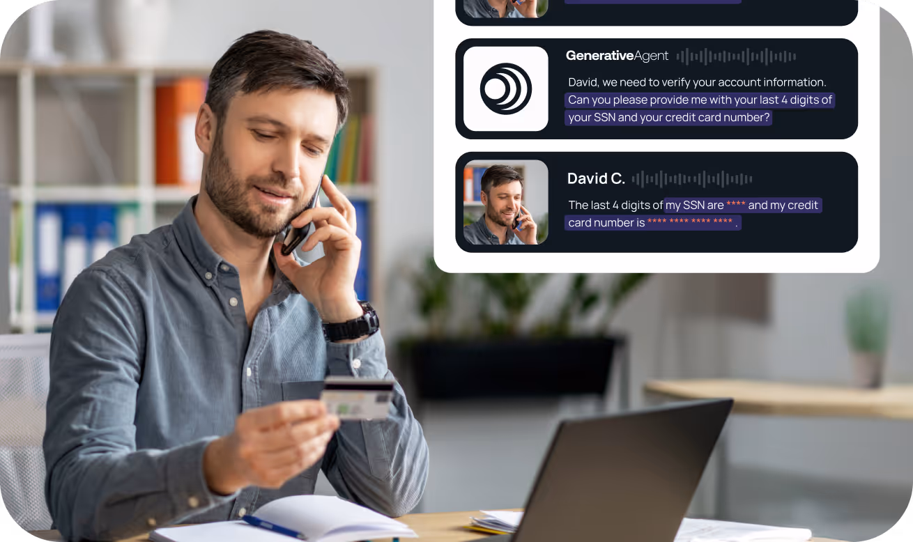 Man holding a credit card and talking on the phone, with an inset chat overlay showing a conversation verifying last 4 digits of SSN and credit card number.