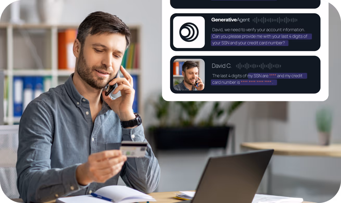 Man holding a credit card and talking on the phone, with an inset chat overlay showing a conversation verifying last 4 digits of SSN and credit card number.