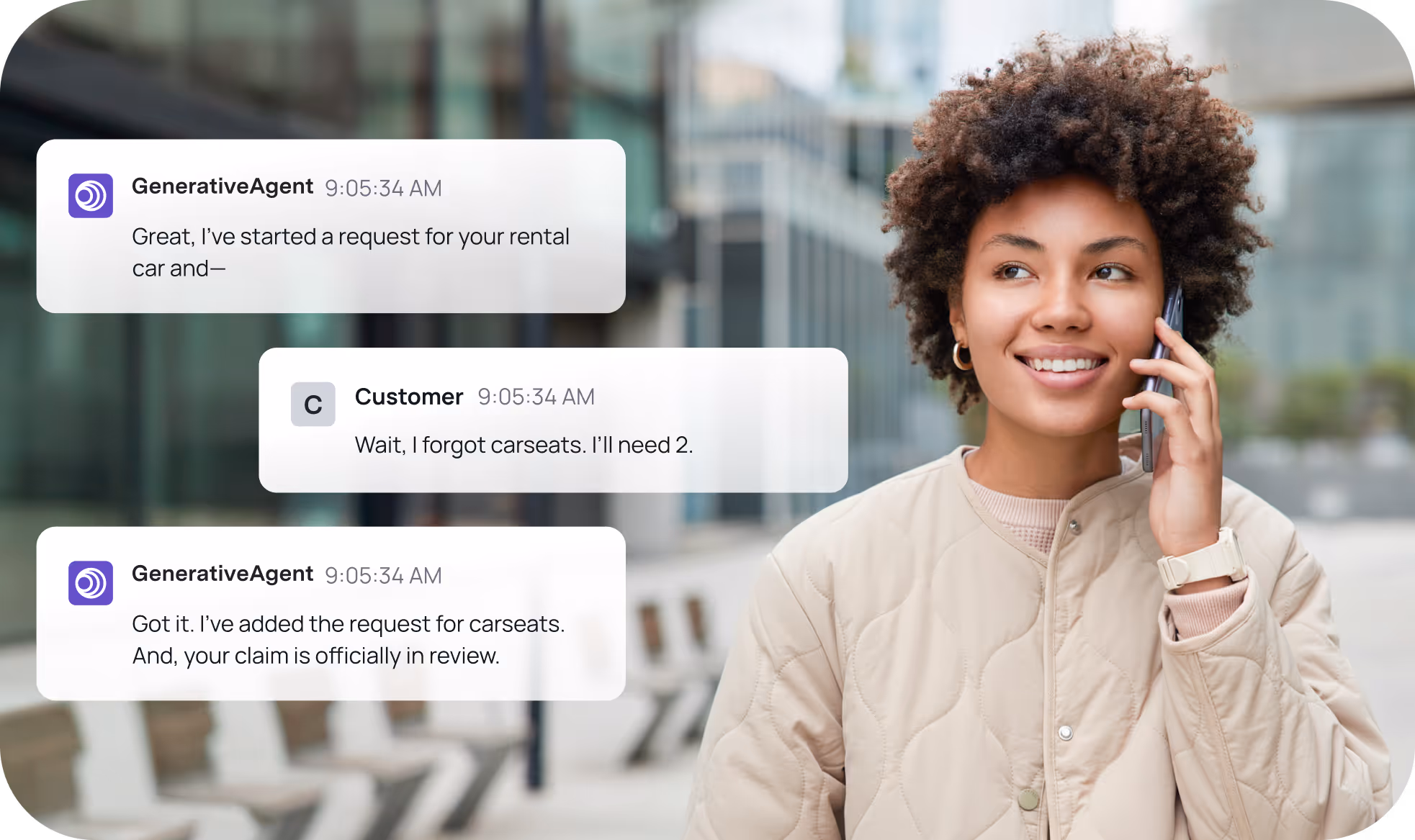 Smiling woman with curly hair wearing a beige jacket, talking on a phone with chat messages about rental car and carseat requests overlayed.