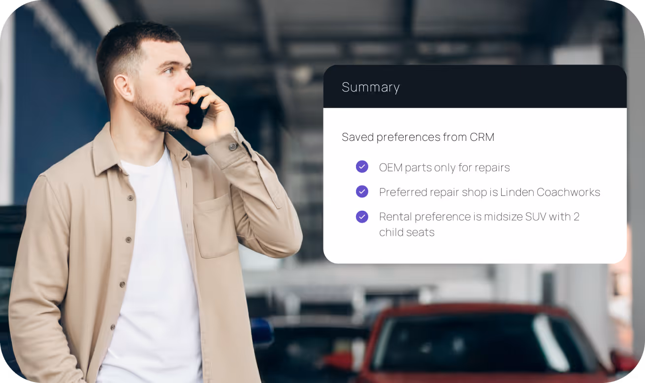 Man in a beige shirt talking on a phone in a parking garage with a summary overlay listing saved CRM preferences for OEM parts, repair shop, and rental SUV.