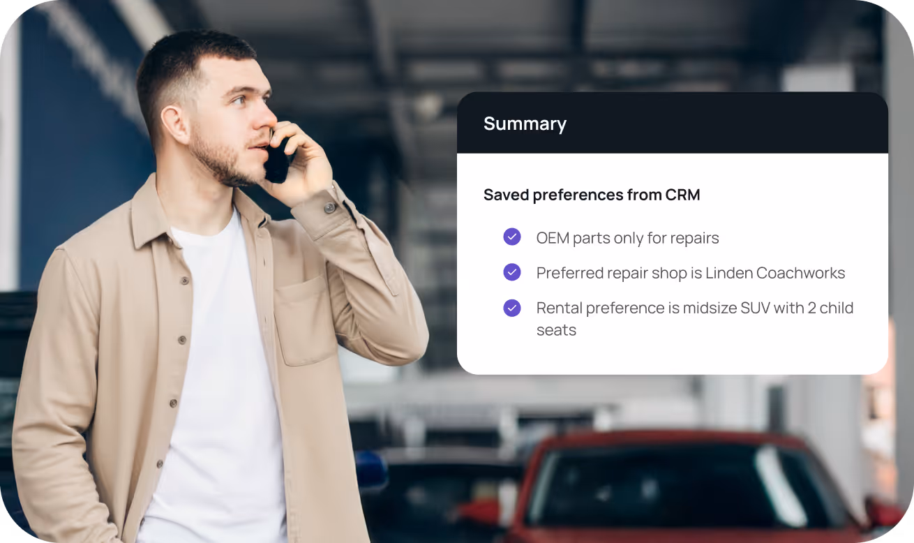 Man in a beige shirt talking on a phone in a parking garage with a summary overlay listing saved CRM preferences for OEM parts, repair shop, and rental SUV.
