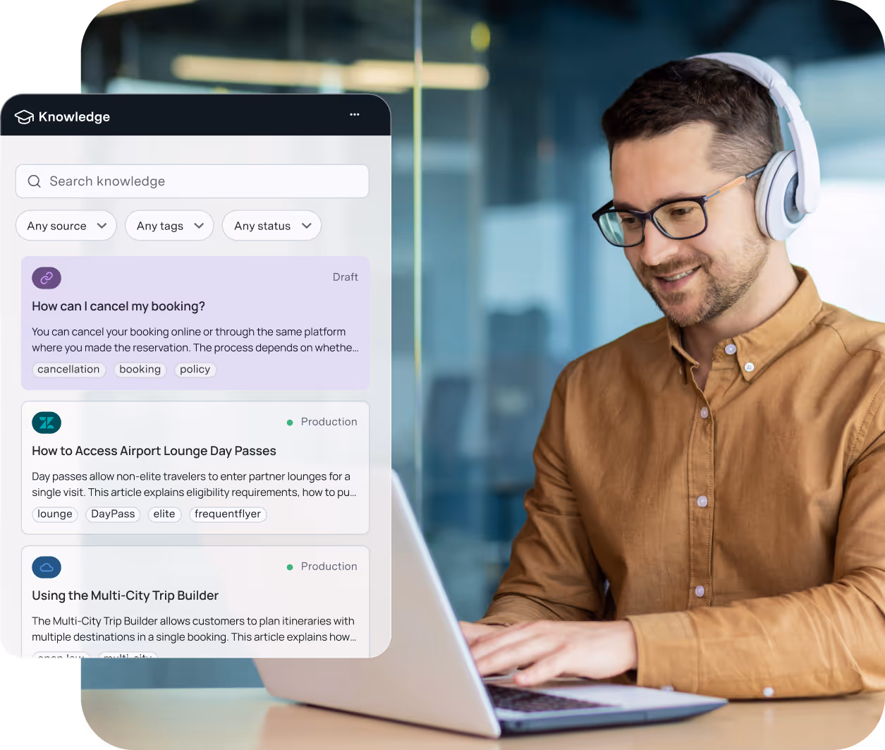 Smiling man wearing glasses and headphones working on a laptop with an overlaid knowledge base interface showing articles about booking cancellation and airport lounge passes.