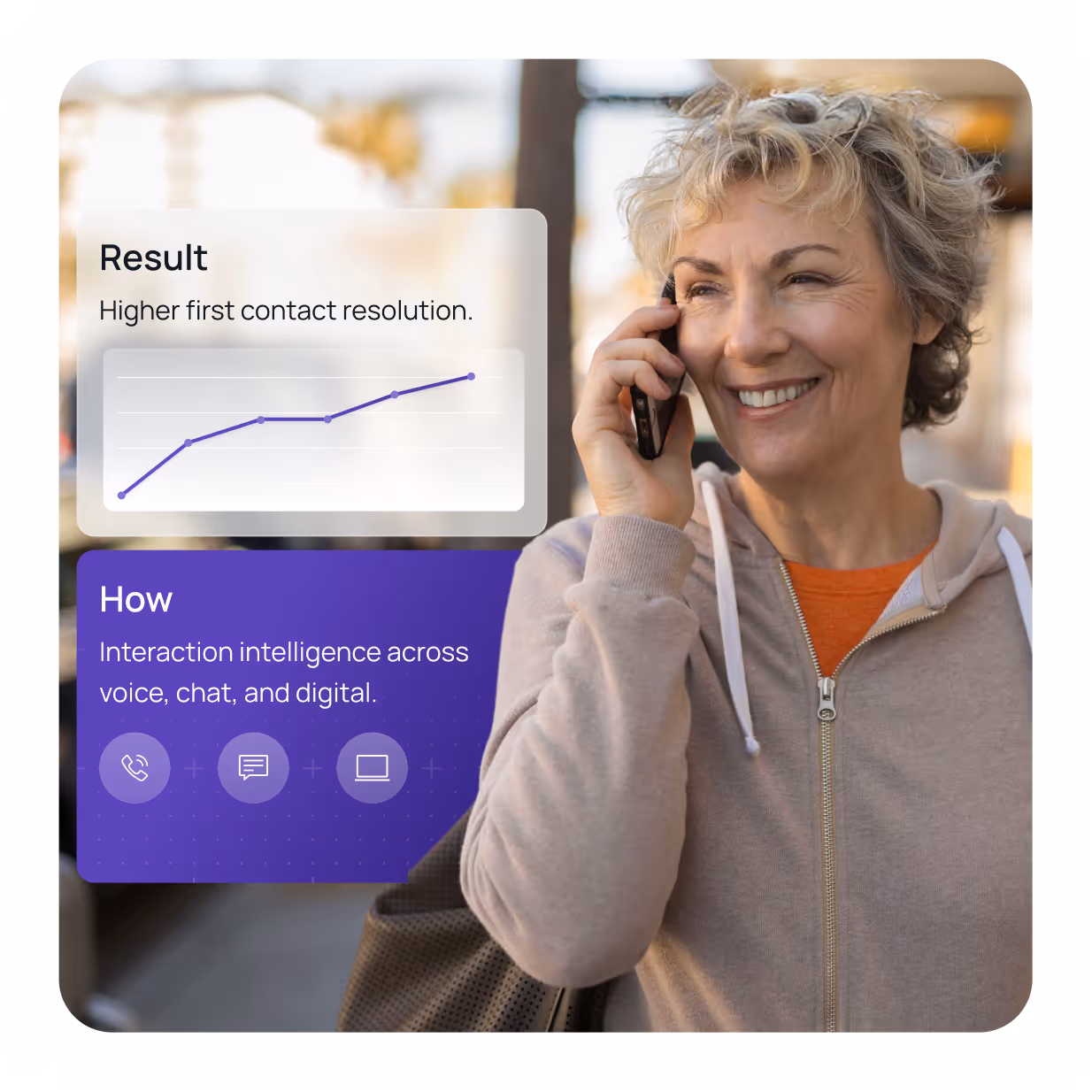 Smiling woman on phone with overlay text about higher first contact resolution and interaction intelligence across voice, chat, and digital.
