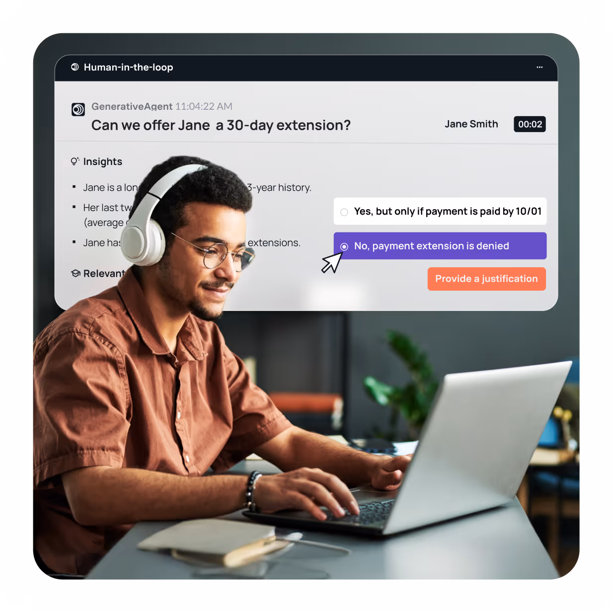 Man wearing headphones and glasses working on a laptop with an overlay showing a decision interface about offering Jane a 30-day payment extension.