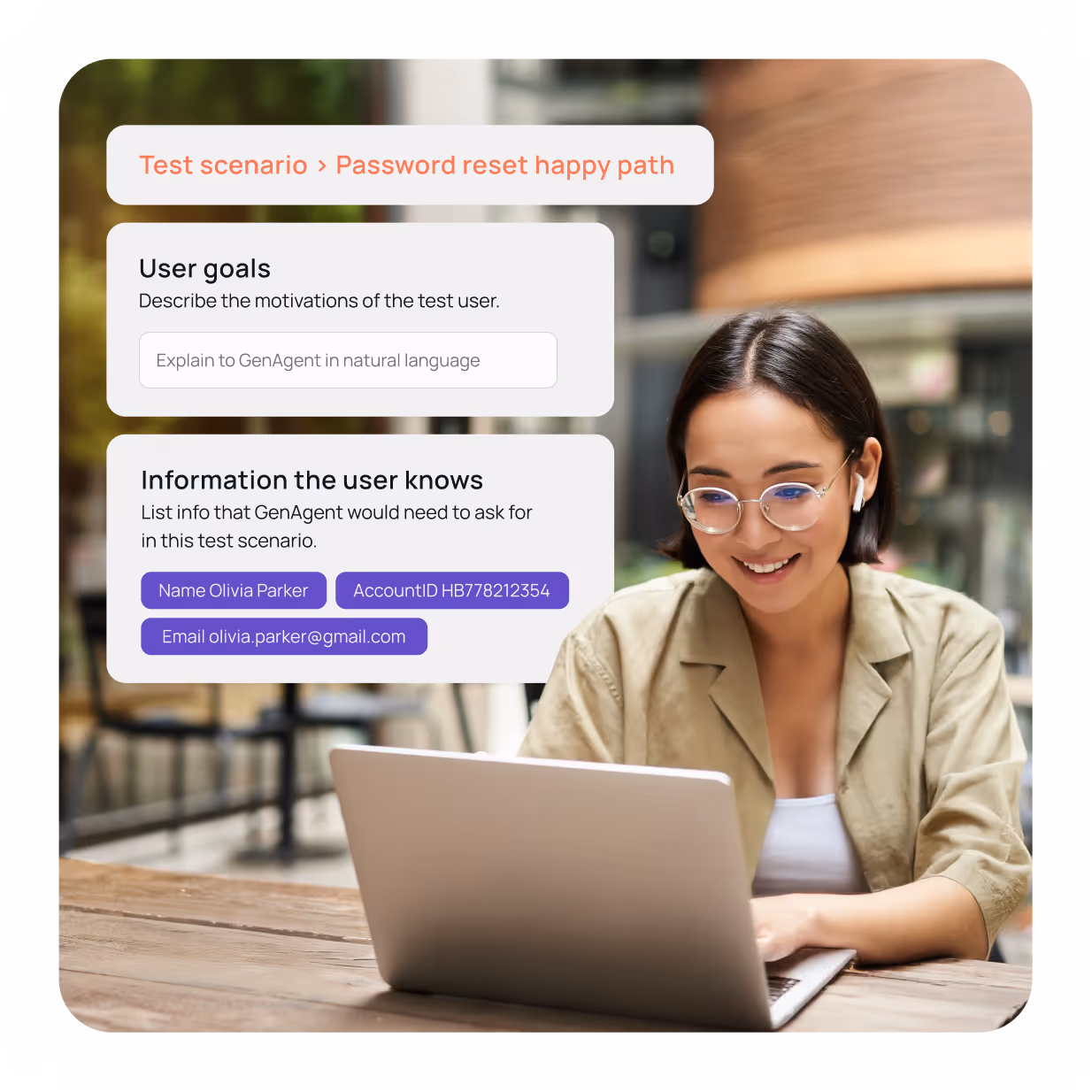 Smiling woman with glasses and earbuds using a laptop at an outdoor table with a test scenario interface about password reset visible.